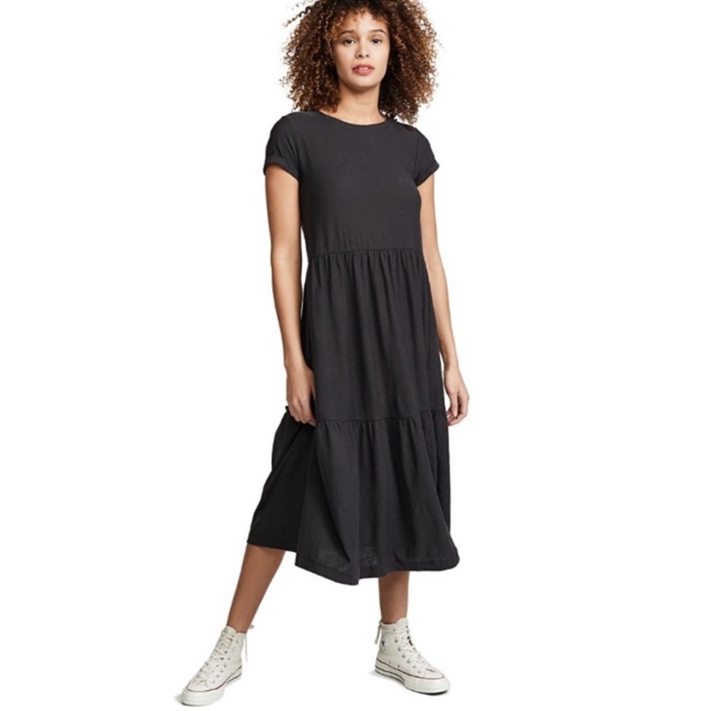 Nation Ltd Midi Dress Washed Black Short Rolled Sleeve Cotton Tiered Size S
